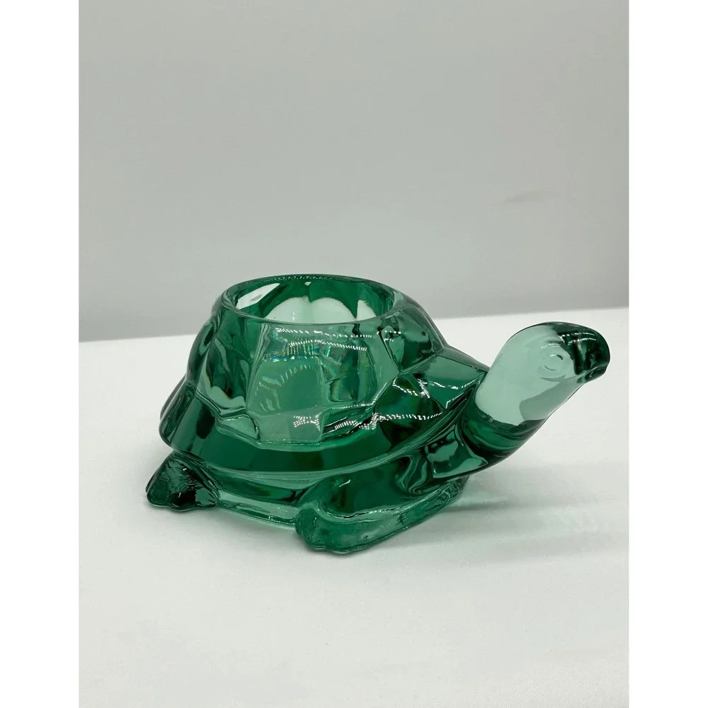 Emerald Green Glass Turtle Figurine Votive Light Candle Holder Trinket Dish